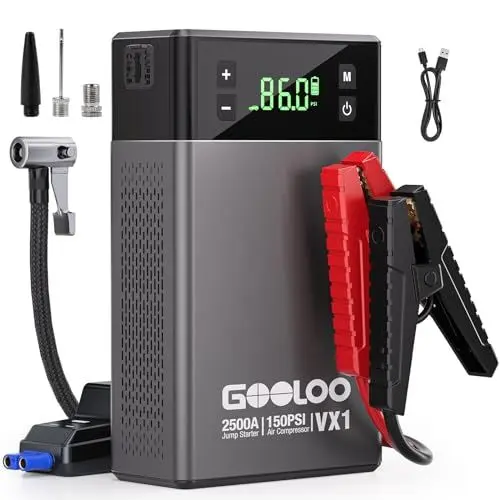 Produktbild: GOOLOO VX1 2500A Starthilfe Powerbank mit Kompressor, Supersafe 12V Auto Starthilfe mit 150 PSI digitalem Reifenfüller, Geeignet für 8.5 L Benzin und 6.0 L Diesel