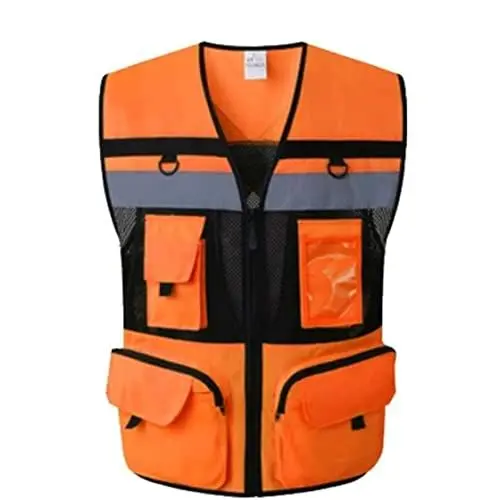 Produktbild: GOOPEEG Warnweste， Atmungsaktiver Reflektierender Anzug, Reflektierende Sicherheitsweste Aus Niedrig Dehnbarem Garn, Gut Sichtbarer Overall Mit Taschen Und Reißverschlüssen Reflektierendem(Orange,L)