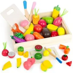 Produktbild: GoPlacs Kinderküche Spielküche Zubehör aus Holz Küchenspielzeug zum Schneiden mit Klett Verbindung Obst Gemüse und Fleisch Kochsimulation Lernspielzeug Rollenspiele Geschenk