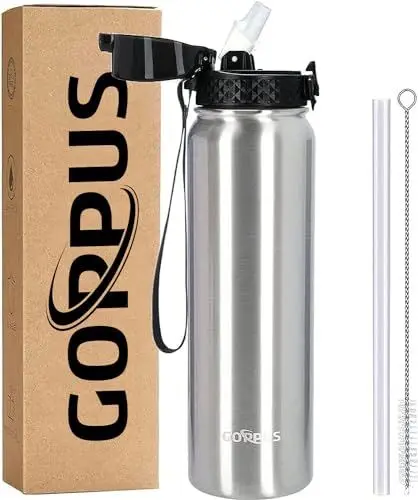 Produktbild: GOPPUS 1L/32oz Thermosflasche mit Strohhalm Doppelschicht Edelstahl Trinkflasche 1 Liter Isolierflasche Auslaufsicher Sport Wasserflasche Kohlensäure Water Bottle Trinkflaschen BPA-frei Wasser Flasche