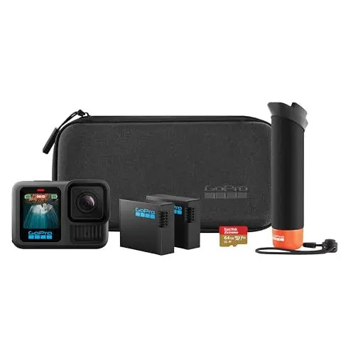 Produktbild: GoPro HERO13 Black Zubehörpaket – enthält den Handler (schwimmender Handgriff), 2 Enduro-Akkus, 2 Gebogene Klebehalterungen, 64GB SanDisk MicroSD-Karte, Tragetasche und mehr