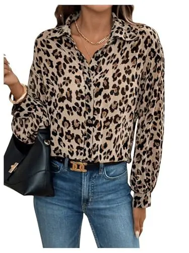 Produktbild: GORGLITTER Bluse Damen Langarm Oberteil Elegant Office Casualbluse mit Leopardmuster Hemd Shirt Herbst Bluseshirt Braun L
