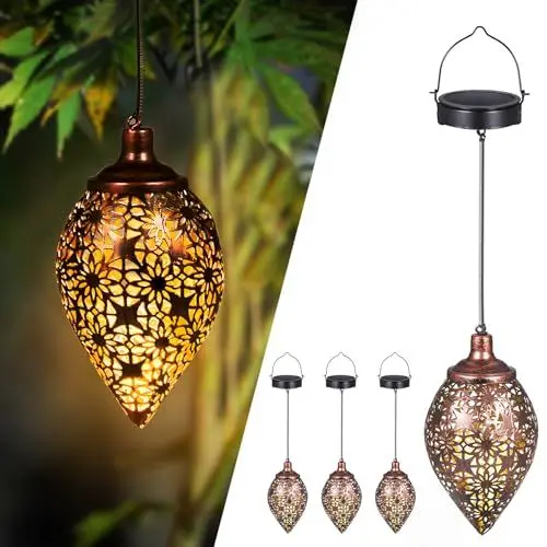 Produktbild: Görvitor Solarlaterne für Außen 4 Stück, Metall Solar Laterne für Draußen IP44 Wasserdicht, Orientalische Solarlampen für Außen Hängend für Gartendeko Terrasse Patio Baum Camping Rasen(Olivenform)