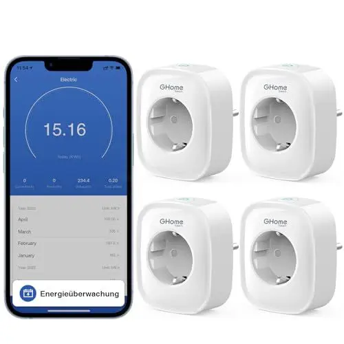 Produktbild: GHome Smart Wlan Steckdose 16A, WiFi Steckdose 4er Pack, Smart Home Plug Funktioniert mit Alexa Google Home, App Fernbedienung, Stromverbrauch Messen Sprachsteuerung Timer, NUR auf 2.4GHz WiFi