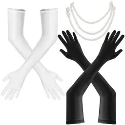 Produktbild: GOTDYBST 2 Paar Damen Lange Handschuhe, Weiße Handschuhe mit Perlenkette, 1920er Schwarze Handschuhe aus Elasthan, Elastische Classic Opera Gloves für Maskerade Halloween Karneval Hochzeit