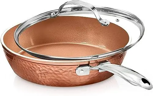 Produktbild: Gotham Steel 12-Zoll-Bratpfanne mit Antihaftbeschichtung und Deckel - Hammered Copper Collection, Premium-Aluminium-Kochgeschirr mit Edelstahlgriffen, Induktionsplatte für gleichmäßiges Erhitzen