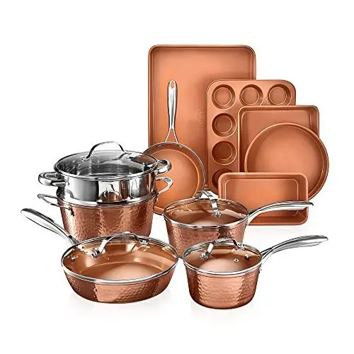 Produktbild: Gotham Steel Hammered Copper Collection — 15-teiliges Premium-Koch- und Backgeschirr-Set mit Antihaftbeschichtung, Aluminiumzusammensetzung — beinhaltet Bratpfannen