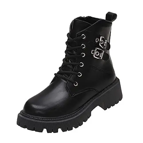 Produktbild: Gothic Boots Outdoor Stiefel Damen Wasserdicht Mode Frauen Kunstleder Einfarbig Dicke Sohle Quadratische Fersen Schnalle Kurze Stiefeletten Runde Zehe Winterboots Damen Wasserdicht Damen (Black, 37)