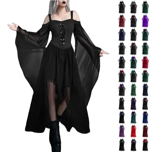 Produktbild: Gothic Kleidung Damen xs Halloween Kleid Damen Übergroßes Mesh Mittelalter Kleid Gothic Maxikleid Schnürkleid mit Schmetterlingsärmeln Renaissance Mittelalter Kleidung Rock