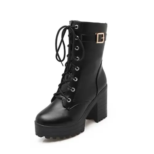Produktbild: MEECHI Gothic Plateau Stiefeletten Damen PU-Leder Biker Booties Blockabsatz Ankle Boots Mit Schnalle Herbst Winter Schnürstiefel Sexy High Heels Knöchel Schuhe Für Party(Black,40 EU)