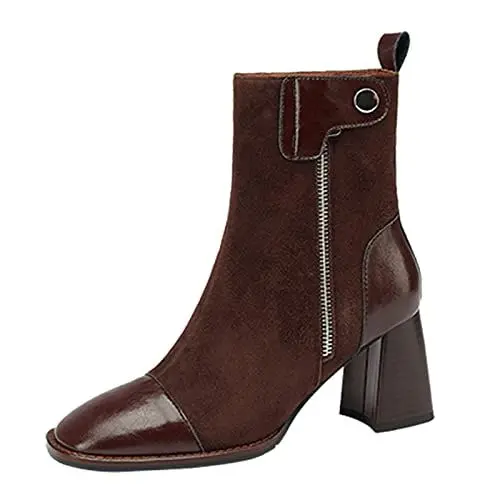 Produktbild: Gothic Stiefel Stiefel 38 MäDchen Boots Stiefel Damen Stiefeletten und Winter Mode Volltonfarbe Einfache Nähte Bequeme Karree-Zehen-Karree-Absatz Stiefel Reiter Stiefel Schuhe Damen Boots (Coffee, 37)