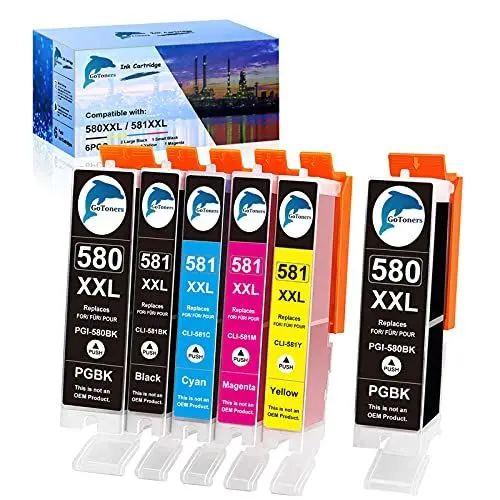 Produktbild: GoToners 6 Druckerpatronen Kompatibel für Canon PGI-580 XXL PGBK CLI-581XXL für Pixma TS6350a TS6351a TS705a TS6150 TS6250 TS6350 TR8550 TR7550 TS8150 TS9550 (2 PGBK, Schwarz, Cyan, Gelb, Magenta)