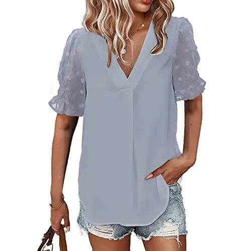 Produktbild: GOTOTOP Damen-V-Ausschnitt, Kurzarm-Chiffonblusen, Halbtransparente Laternen?rmel, Freizeithemden(S-Blau)