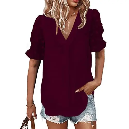 Produktbild: GOTOTOP Damen-V-Ausschnitt, Kurzarm-Chiffonblusen, Halbtransparente Laternen?rmel, Freizeithemden(XL-rot)