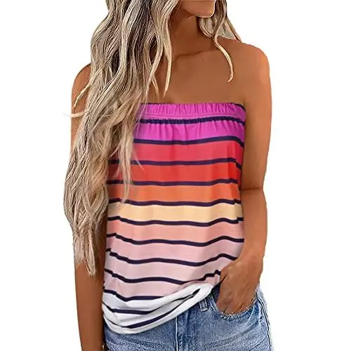 Produktbild: GOTOTOP Damen Sexy Tube Top Ärmelloses Trägerlos Plissee Stretch Bedruckt Tank Top Party Strand Lässige Sommer Hemdbluse Oberteile(L-Bunt)