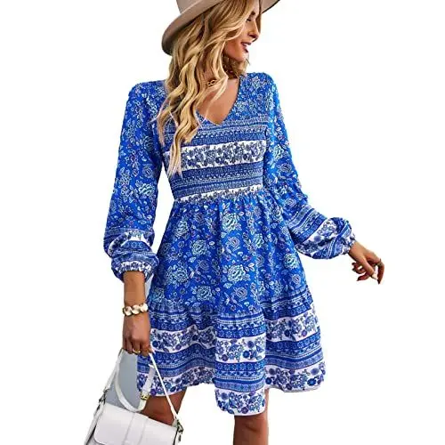Produktbild: GOTOTOP Damen V-Ausschnitt Retro Blumendruck Kleid, Lässig Lange Puffärmel Stretch Tunika Geraffter Saum Kleid(L-Blau)