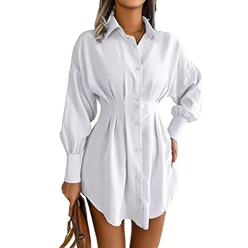 Produktbild: GOTOTOP Damen V Ausschnitt Mini Hemdkleid Casual Langarm Knöpfen Tunika Gerafft Freizeitkleid(XL-Weiß)