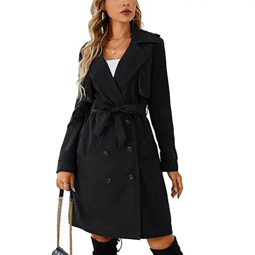 Produktbild: GOTOTOP Damen Zweireihiger Trenchcoat Mittellanger Windmantel mit Langen Ärmeln Reversjacke Reversmantel mit Gürtel (XXL)