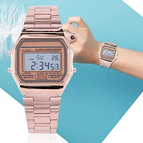 Produktbild: GOTOTOP Digitale Armbanduhr mit Edelstahlarmband, Rechteckige Armbanduhr mit Hintergrundbeleuchtung, 12/24-Stunden-Anzeige, Datum, Woche, Alarm, Chronograph(Rotgold)