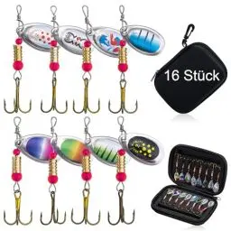 Produktbild: Goture Forellenköder Spinner Angeln Blinker Set, 16 Stück Spinnerköder mit tragbarer Tragetasche, Hartmetallköder, Löffelblatt-Angelköder-Set für Barsch, Forelle, Hecht, Zander, Crappie-Angelgerät