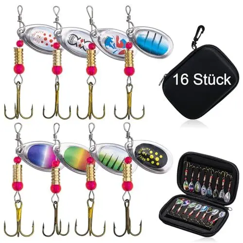 Produktbild: Goture Forellenköder Spinner Angeln Blinker Set, 16 Stück Spinnerköder mit tragbarer Tragetasche, Hartmetallköder, Löffelblatt-Angelköder-Set für Barsch, Forelle, Hecht, Zander, Crappie-Angelgerät