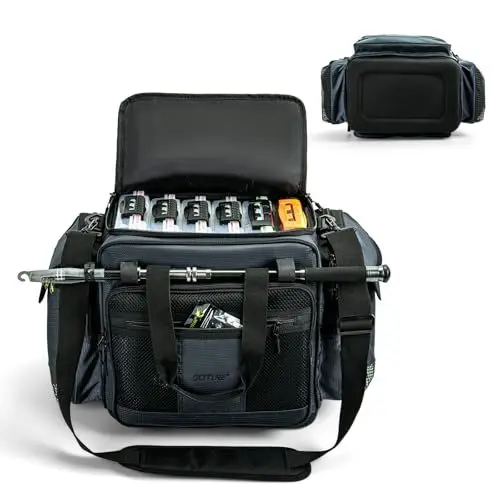 Produktbild: Goture Wasserfeste Angeltasche mit IPX5 Eva-Boden, SBS-Reißverschlüssen, Großer Angelzubehör-Rucksack mit Rutenhalter, Tasche für Salzwasser-Angelausrüstung, Umhängetasche für den Außenbereich Grau