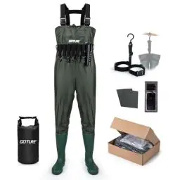 Produktbild: Goture Wathose Herren Wasserdichte, 70D Nylon/500 PVC, Wasserdichte Wathose zum Angeln mit wasserdichter Tasche, Jagd, Wathose mit Stiefelfuß, Wasserdichte Handytasche, Grün