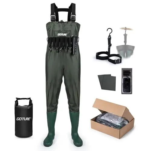 Produktbild: Goture Wathose Herren Wasserdichte, 70D Nylon/500 PVC, Wasserdichte Wathose zum Angeln mit wasserdichter Tasche, Jagd, Wathose mit Stiefelfuß, Wasserdichte Handytasche, Grün