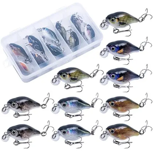 Produktbild: Goture Wobbler Angelköder, 10 Stück Topwater Crankbaits, Hartköder für Barsch, Forelle, Süßwasser, Salzwasser, Crankbait zum Barschangeln, Swimbait-Angelköder für Barsch mit Tackle Box
