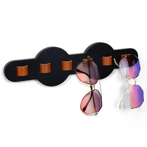 Produktbild: GOURDBRO Bambus Brillenhalter Wand, Hängendes Brillenablage aus Leder, Brillenaufbewahrung Mehrere Brillen, Brillenständer Kann Mehrere Brillen Sonnenbrillen Aufbewahrung, Moderne Heimdekoration