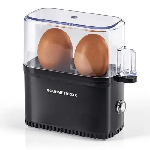 Produktbild: GOURMETmaxx Design Eierkocher für 2 Eier | kompakter Egg Boiler | Egg Cooker mit Eierstecher, Messbecher & Signalton | 3 Härtegrade | leichte Reinigung & spülmaschinenfeste Teile