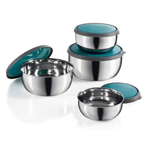 Produktbild: GOURMETmaxx Edelstahl-Schüsseln 4er Set mit Deckel | Geeignet für Spülmaschine & Gefrierschrank | Ideal als Vorrats - & Frischhaltedose | Ineinander stapelbar | Größen von 450ml bis 1600ml