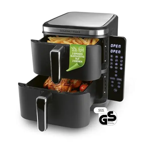 Produktbild: GOURMETmaxx FryUp Vertikale Doppelkammer Heißluftfritteuse | vertikaler Airfryer | klappbares Touchdisplay | 32% platzsparender | Fassungsvermögen 10L | Heißluftfritteuse 2 Kammern