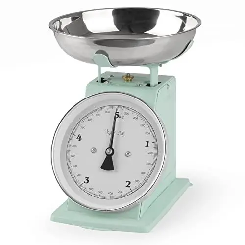 Produktbild: GOURMETmaxx Küchenwaage in Retro-Design | Edelstahl-Waagschale mit exakten Messergebnissen und Tara-Funktion | Ohne Batterien | Bis zu 5kg (Mint)