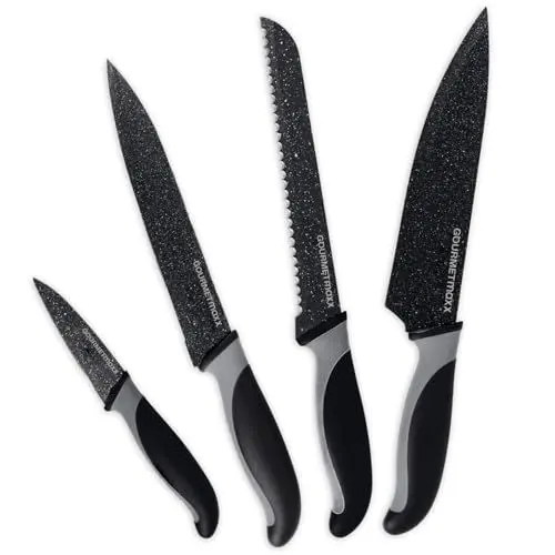 Produktbild: GOURMETmaxx Messer-Set 4 tlg. | Stylische Küchenmesser mit gummierten Griffen | Kochmesser mit Antihaftbeschichtung für eine leichte Reinigung | Inkl. Brot-, Schäl- & Tranchiermesser (Schwarz/grau)