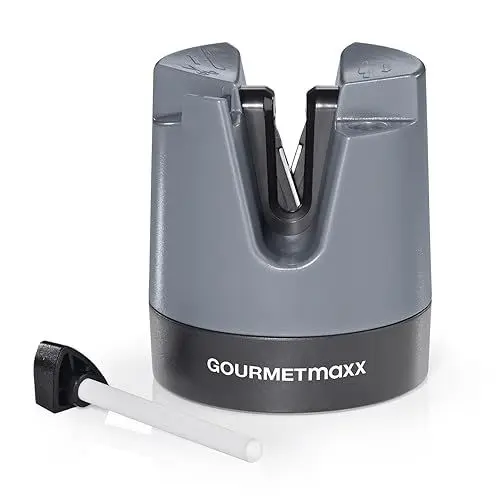 Produktbild: GOURMETmaxx Messerschärfer/Messerschleifer für alle Messer & Scheren | Schleifgerät mit Wolfram-Klingen für ideales Ergebnis | Kompaktes Design & manuelle Bedienung | Mit Polierstab (Schleifblock)