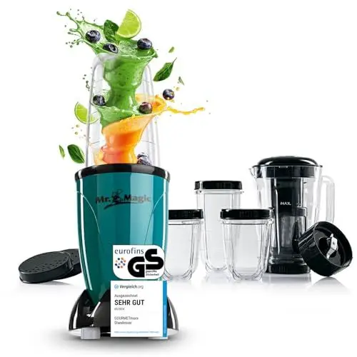 Produktbild: GOURMETmaxx Mr. Magic Mixer | Smoothie Maker mit XXL-Zubehörpaket | Standmixer 18-tlg. | Blender mit auslaufsicheren Frischhaltedeckeln | Food Processor für Shakes, Smoothies etc.
