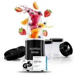 Produktbild: GOURMETmaxx Nutrition Mixer | Smoothie Maker mit XXL-Zubehörset | Standmixer 11-tlg. | Blender mit Rezepten, To go & Frischhaltedeckeln | Food Processor für Smoothies, Shakes & Co.