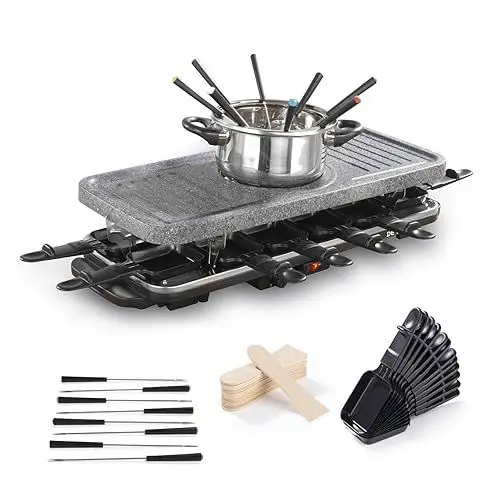 Produktbild: GOURMETmaxx Raclette & Fondue Kombi XXL für 12 Personen | 3-in-1 Raclette Grill mit Pfännchen, Fondueset & heißer Stein | Elektrischer Tischgrill mit antihaftbeschichteter Grillplatte (1600 Watt)