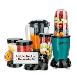 Produktbild: GOURMETmaxx Smoothie Maker & Standmixer mit UK-Stecker + Reiseadapter | 18 tlg. elektrischer Blender 750ml, Mixer inkl. 4 To-Go Becher, 2 Klingen, Entsafter | Spülmaschinenfest & auslaufsicher (400 W)