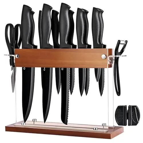 Produktbild: Gourmetop Küchenmesser-Set mit Block 15-teilig, Küchenmesser-Block-Set mit Holz-Acryl-Ständer, scharfes Messer-Set mit Schärfer, Schere und Schäler, schwarzes Kochmesser-Set für die Küche