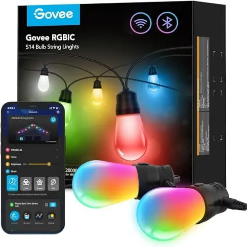 Produktbild: Govee Lichterkette Außen, Smart LED Wifi RGBICW Glühbirnen, IP65 Wasserdicht, Funktioniert mit Alexa und Google Assistant, App-Steuerung, 47 Szenenmodi, 15 LEDs 15m Outdoor