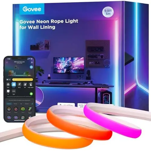Produktbild: Govee Neon LED Strip für Sockelleiste, 3M RGBIC LED Streifen Matter-Kompatible für Wandlinien und Ecken, Musiksync, Zuschneidbar, Neon Licht Deko für Wohnzimmer, Korridor, Schlafzimmer