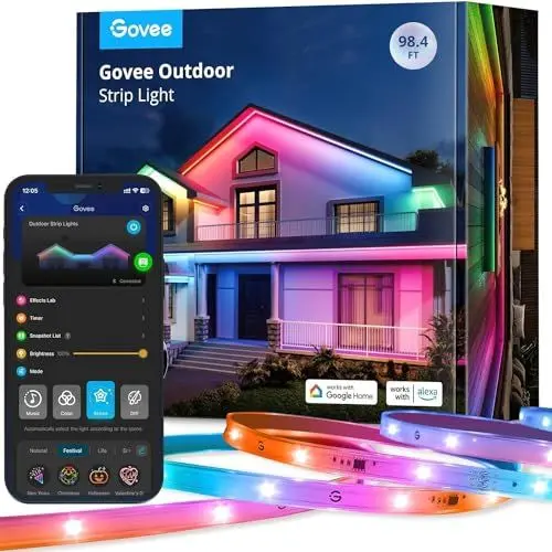 Produktbild: Govee Outdoor LED Strip 30m, IP65 Wasserdicht, Funktioniert mit Alexa, App-Steuerung, RGBIC LED Streifen mit Segmentsteuerung, Farbwechsel, Musik Sync, für Dach Balkon Garten Weihnachtsdeko Outdoor