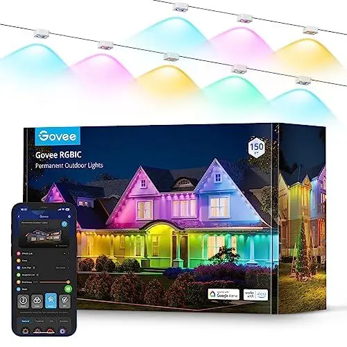 Produktbild: Govee Permanente RGBIC-Außenbeleuchtung mit 72 Szenenmodi, 45m mit 108 LED Trauflichter, IP67 wasserdicht, für Party, Spieltag, tägliche Beleuchtung, Arbeit mit Alexa, Google Assistant