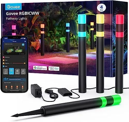 Produktbild: Govee Wegeleuchten Außen, Intelligente Gartenbeleuchtung mit App Steuerung, 250 Lumen RGBIC Gartenlampe, IP65 Wasserdicht Aluminium Gartenleuchte, Funktioniert mit Alexa, Kabelgebunden, 4er Pack