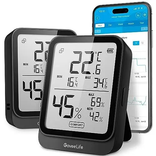 Produktbild: GoveeLife Digitales Thermometer-Hygrometer, Bluetooth LCD Feuchtigkeitsmesser, Innenhygrometer mit Benachrichtigungsalarm, Temperaturüberwachung mit App, Datenspeicherung für Zuhause Garage Weinkeller