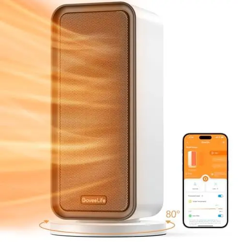 Produktbild: GoveeLife Intelligente Elektrisch Heizlüfter für große Räume, 80°Oszillation,1500W Energiesparender Heizlüfter, Thermostat Keramik Heizung, App & Sprachsteuerung, 3xHeizstufen, Schlafzimmer Büro, Weiß