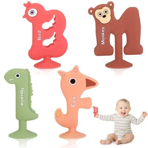 Produktbild: Gowkeey 4 Stück Baby Beißspielzeug, BPA-frei Baby Beißring in Buchstabenform, Silikon Zahnungshilfe, Baby Zahnen Spielzeug Beissring, Zahnungshilfe Nursing Zubehör, für 3-24+ Monate