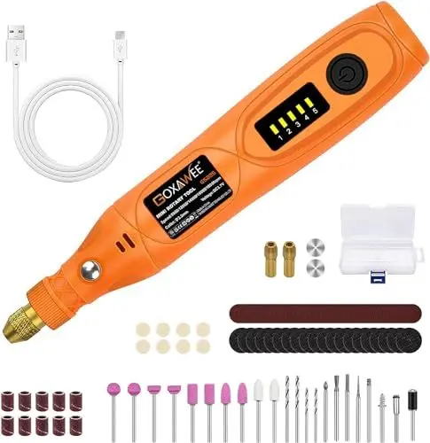 Produktbild: GOXAWEE 3.7V Multifunktionswerkzeug, Mini Rotationswerkzeug mit 104 Zubehören, 0-18000 RPM Kabelloses Drehwerkzeug, Multifunktionswerkzeug Akku zum Gravieren, Schneiden, Bohren, Polieren, Reinigen